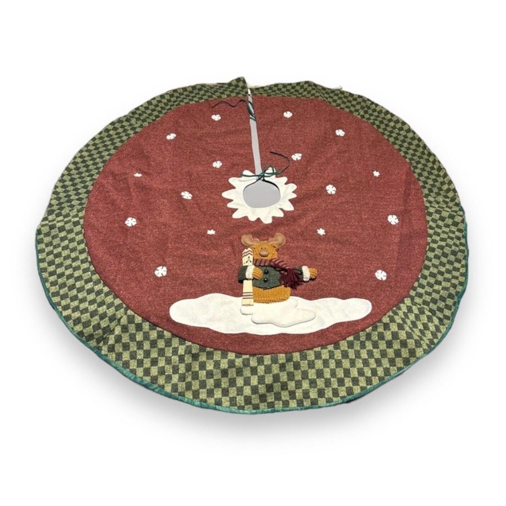 Christmas Tree Skirt 3-D SKIING MOOSE Appliqué 49 in. Rustic Red / Green Checker